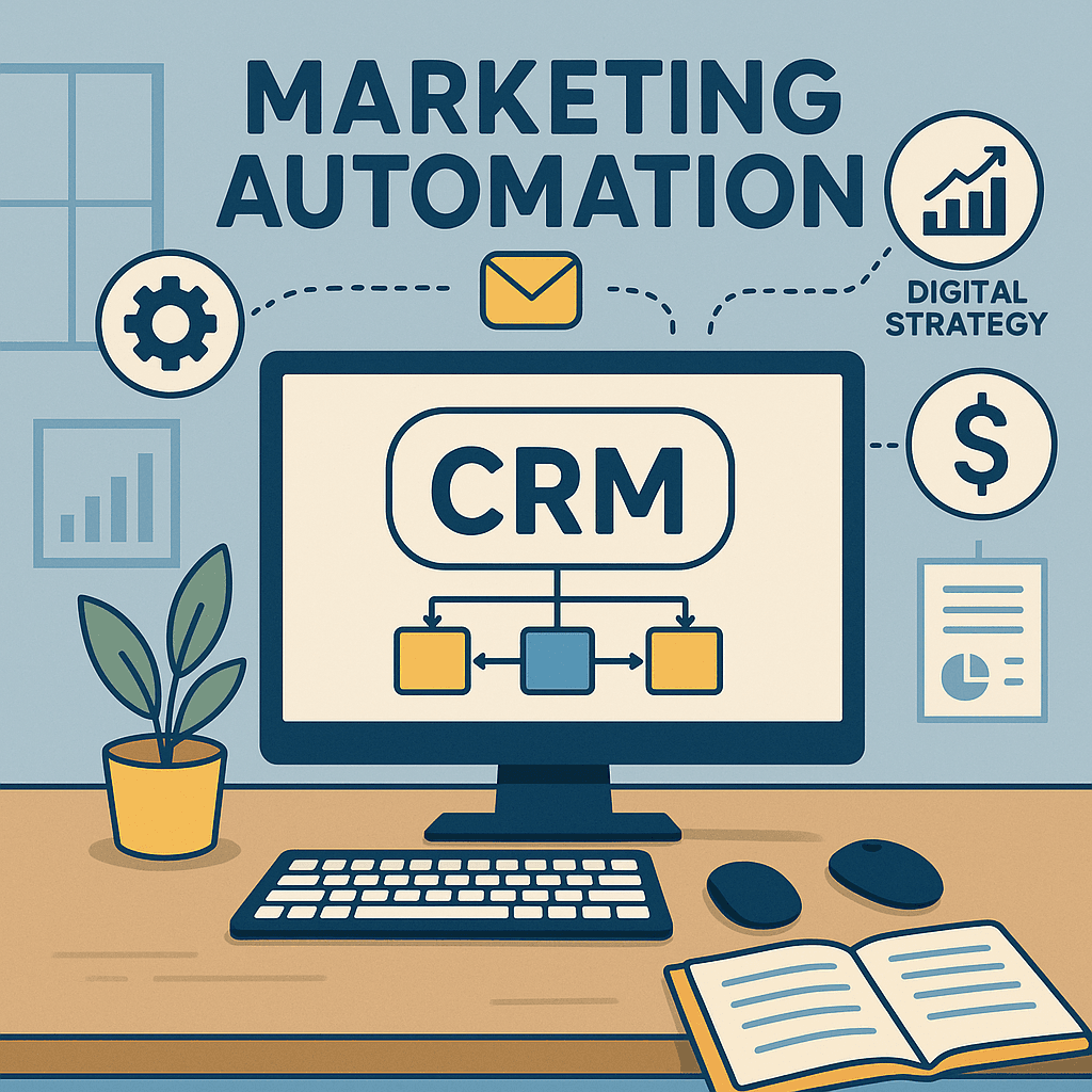 Illustration of a modern office workspace showing a computer screen with CRM software and icons representing marketing automation, digital strategy, and business tools.